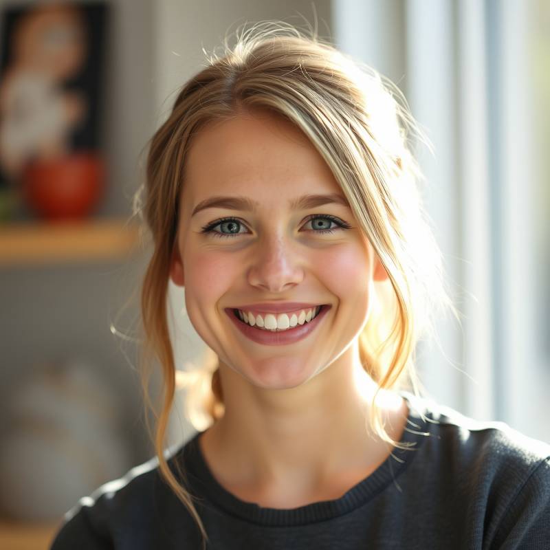 Portræt af Emma Hansen, en glad kvinde med et smil.